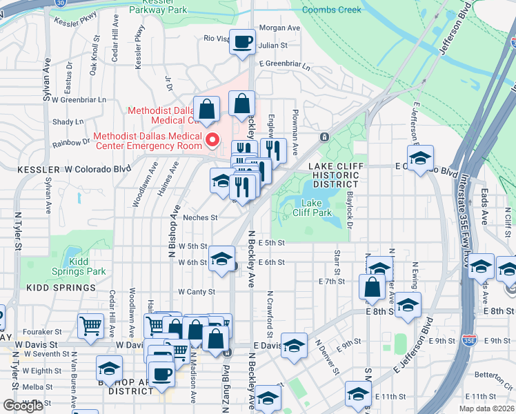 map of restaurants, bars, coffee shops, grocery stores, and more near 1126a North Zang Boulevard in Dallas