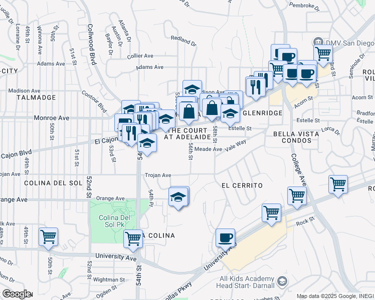 map of restaurants, bars, coffee shops, grocery stores, and more near 56th Street in San Diego