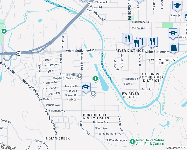 map of restaurants, bars, coffee shops, grocery stores, and more near 5602 Watters Place in Westworth Village