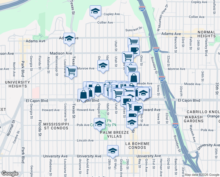 map of restaurants, bars, coffee shops, grocery stores, and more near 4367 Idaho Street in San Diego