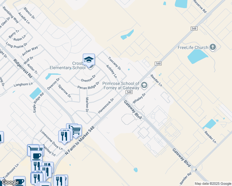 map of restaurants, bars, coffee shops, grocery stores, and more near 630 Diamond Creek Drive in Forney
