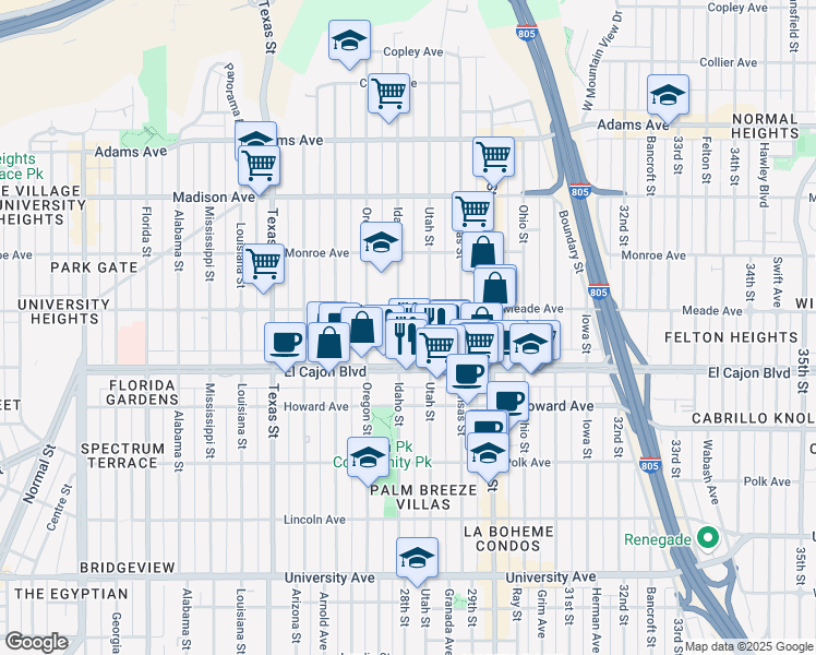 map of restaurants, bars, coffee shops, grocery stores, and more near 4367 Idaho Street in San Diego