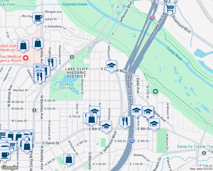 map of restaurants, bars, coffee shops, grocery stores, and more near 727 North Ewing Avenue in Dallas