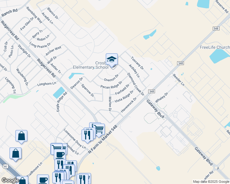 map of restaurants, bars, coffee shops, grocery stores, and more near 1409 Fairfield Drive in Forney