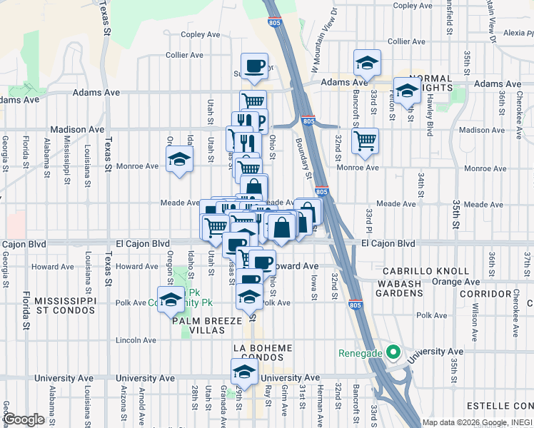 map of restaurants, bars, coffee shops, grocery stores, and more near 4366 Ohio Street in San Diego