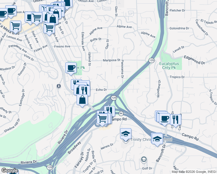 map of restaurants, bars, coffee shops, grocery stores, and more near 8674 Echo Drive in La Mesa