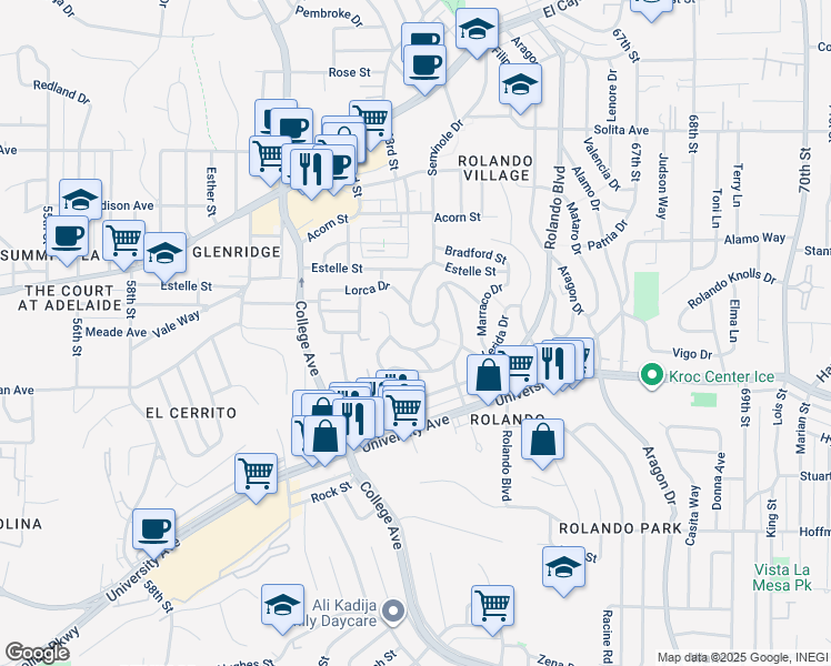 map of restaurants, bars, coffee shops, grocery stores, and more near 6270 Lorca Drive in San Diego