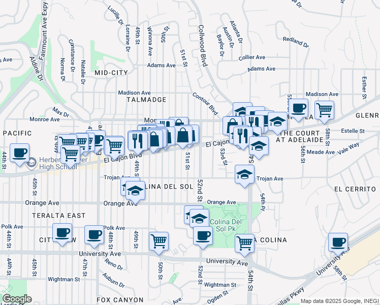 map of restaurants, bars, coffee shops, grocery stores, and more near 5125 El Cajon Boulevard in San Diego