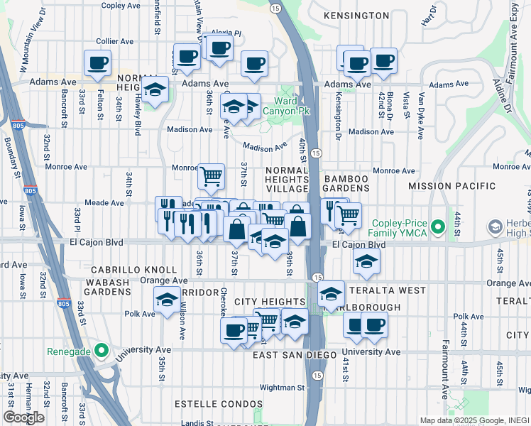 map of restaurants, bars, coffee shops, grocery stores, and more near 4393 McClintock Street in San Diego