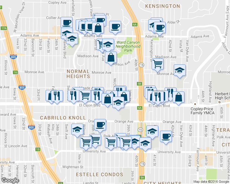 map of restaurants, bars, coffee shops, grocery stores, and more near 4393 McClintock Street in San Diego