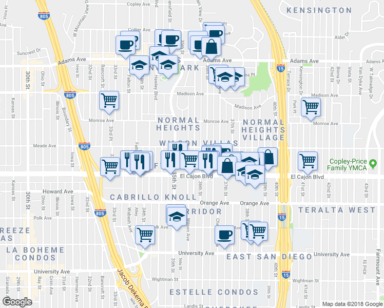 map of restaurants, bars, coffee shops, grocery stores, and more near 4396 Wilson Avenue in San Diego
