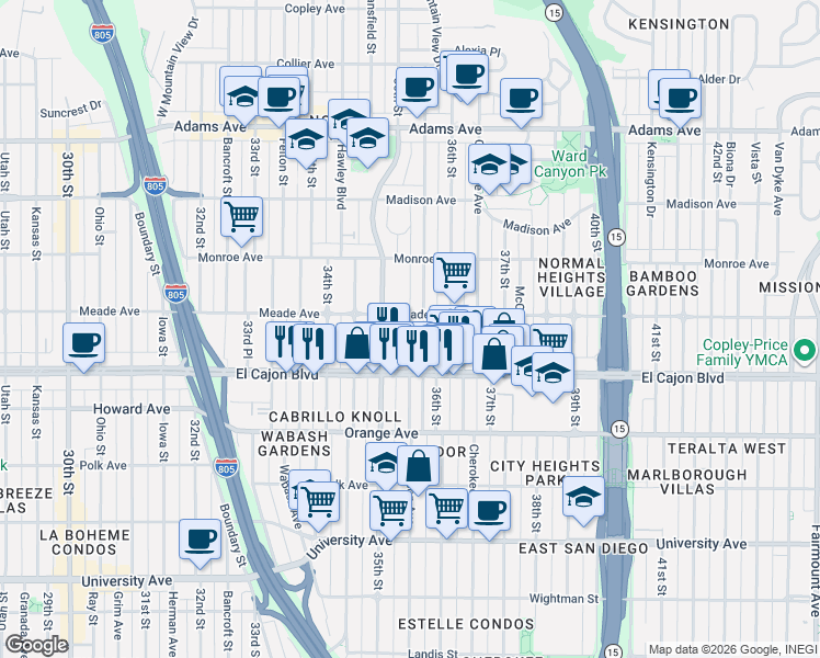 map of restaurants, bars, coffee shops, grocery stores, and more near 4396 Wilson Avenue in San Diego