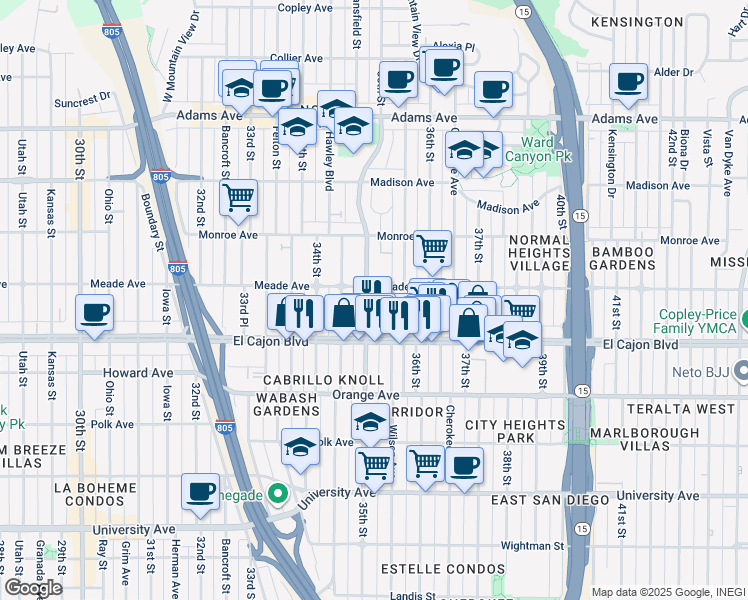 map of restaurants, bars, coffee shops, grocery stores, and more near 4396 Wilson Avenue in San Diego