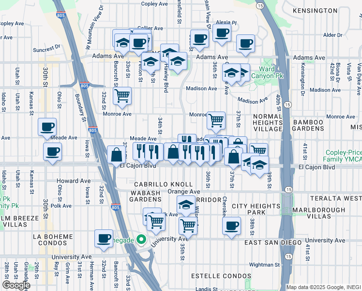 map of restaurants, bars, coffee shops, grocery stores, and more near 3461 Meade Avenue in San Diego