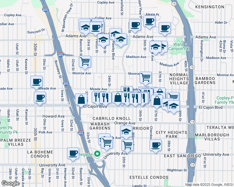 map of restaurants, bars, coffee shops, grocery stores, and more near 3461 Meade Avenue in San Diego