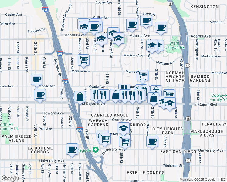map of restaurants, bars, coffee shops, grocery stores, and more near 3461 Meade Avenue in San Diego