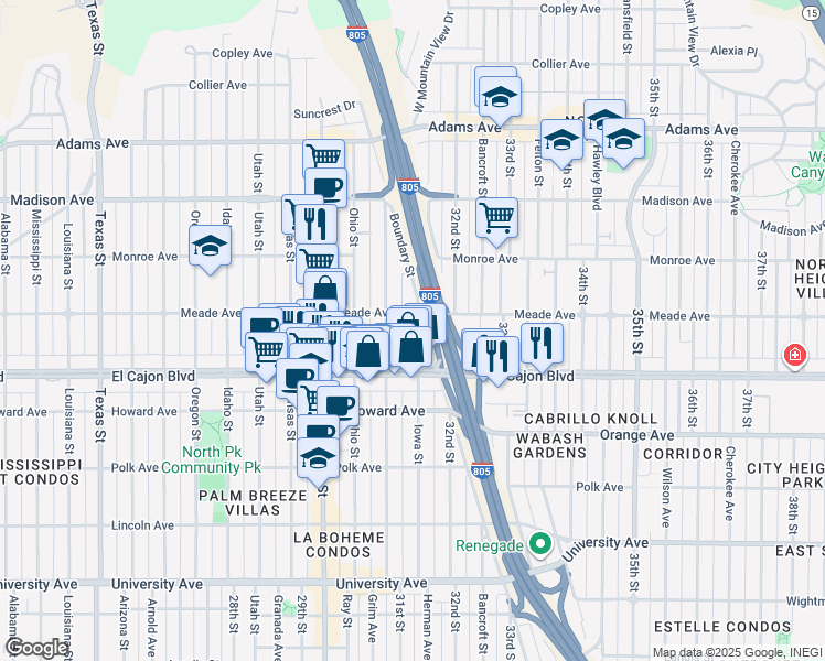 map of restaurants, bars, coffee shops, grocery stores, and more near 4386 Iowa Street in San Diego