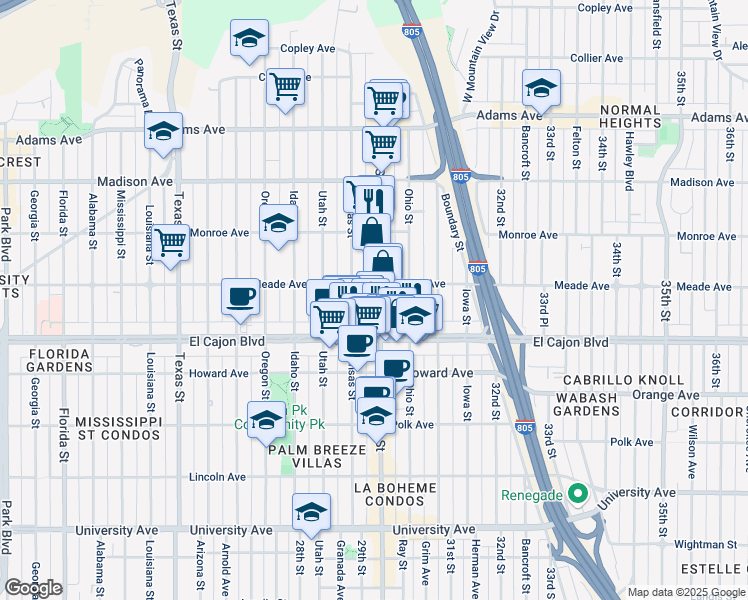 map of restaurants, bars, coffee shops, grocery stores, and more near in San Diego