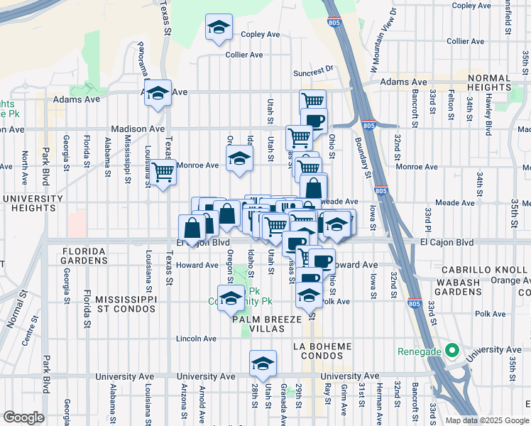 map of restaurants, bars, coffee shops, grocery stores, and more near 4383 Idaho Street in San Diego