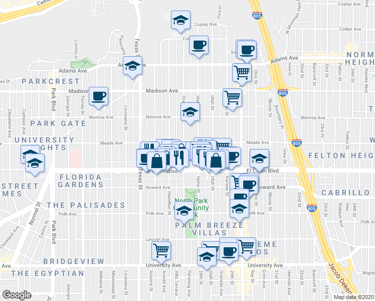 map of restaurants, bars, coffee shops, grocery stores, and more near 2705 Meade Avenue in San Diego