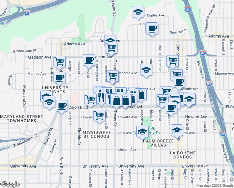 map of restaurants, bars, coffee shops, grocery stores, and more near 4390 Arizona Street in San Diego