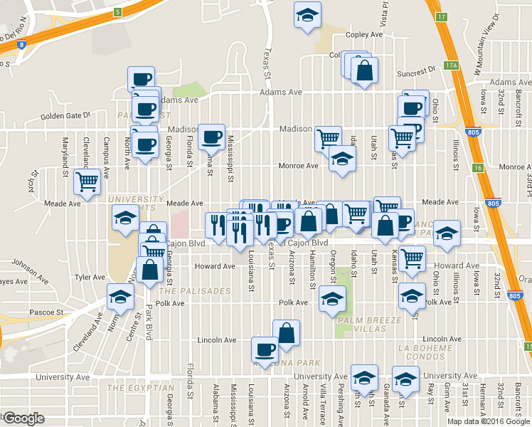 map of restaurants, bars, coffee shops, grocery stores, and more near 2317 Meade Avenue in San Diego