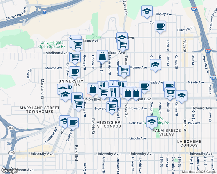 map of restaurants, bars, coffee shops, grocery stores, and more near 4383 Mississippi Street in San Diego