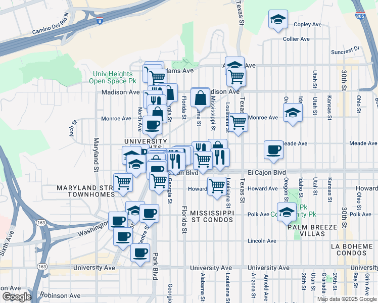 map of restaurants, bars, coffee shops, grocery stores, and more near 1947 Meade Avenue in San Diego