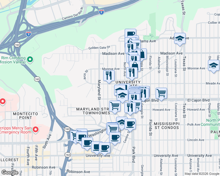 map of restaurants, bars, coffee shops, grocery stores, and more near 4384 Cleveland Avenue in San Diego