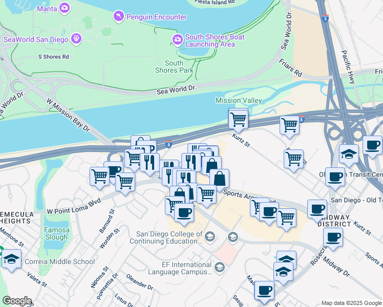 map of restaurants, bars, coffee shops, grocery stores, and more near 3477 Channel Way in San Diego