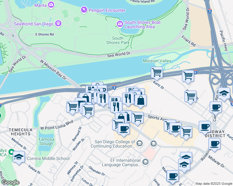 map of restaurants, bars, coffee shops, grocery stores, and more near 3450 Channel Way in San Diego