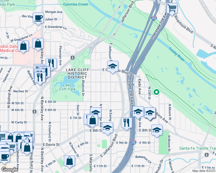 map of restaurants, bars, coffee shops, grocery stores, and more near 727 North Ewing Avenue in Dallas