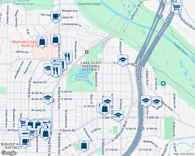 map of restaurants, bars, coffee shops, grocery stores, and more near 723 North Marsalis Avenue in Dallas