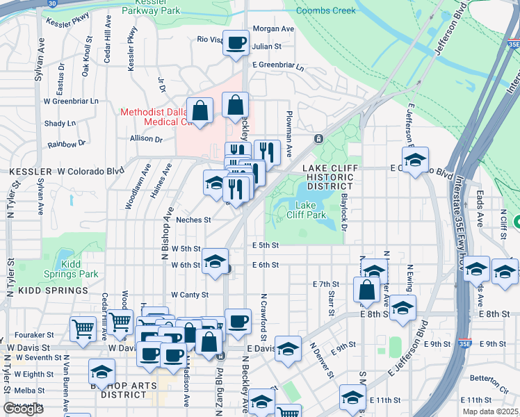 map of restaurants, bars, coffee shops, grocery stores, and more near 1126a North Zang Boulevard in Dallas