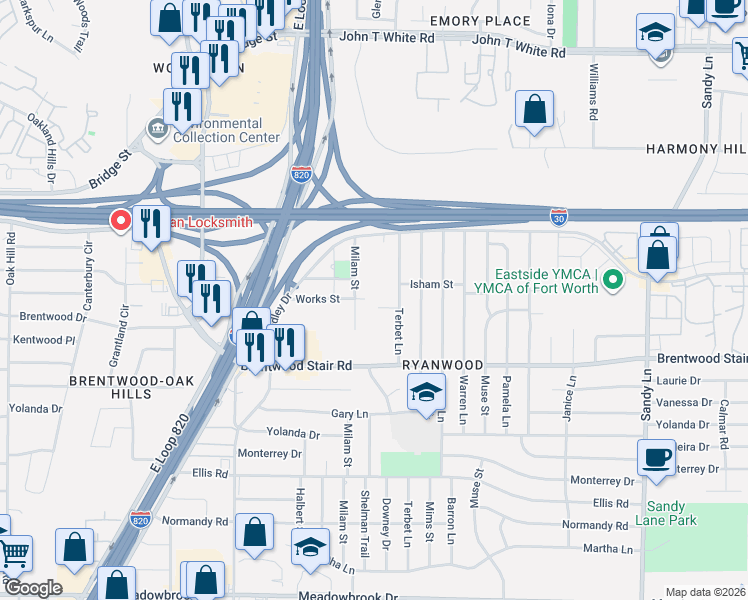 map of restaurants, bars, coffee shops, grocery stores, and more near 1501 Milam Street in Fort Worth