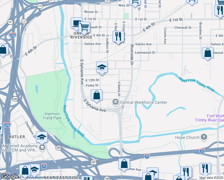 map of restaurants, bars, coffee shops, grocery stores, and more near 2820 Finley Street in Fort Worth
