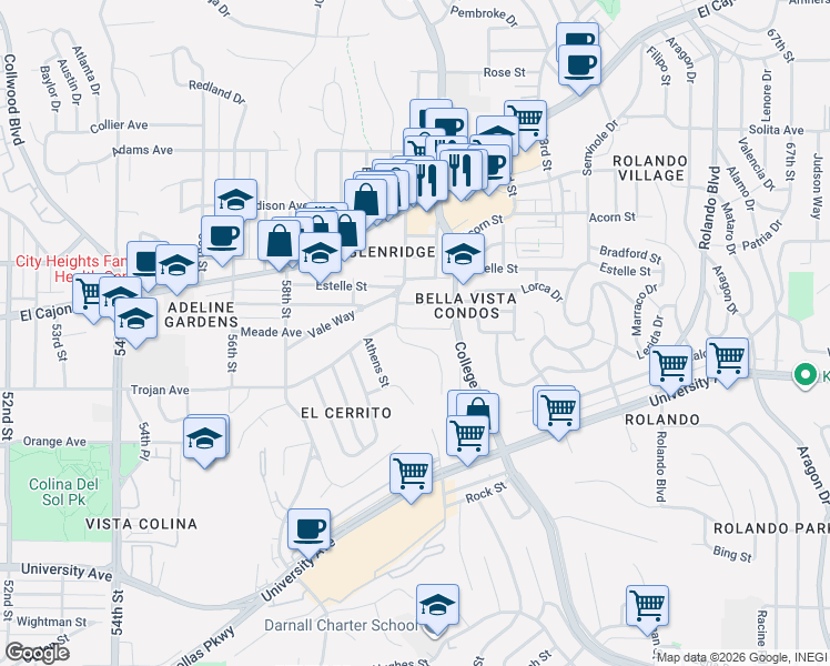 map of restaurants, bars, coffee shops, grocery stores, and more near 6048 Meade Avenue in San Diego