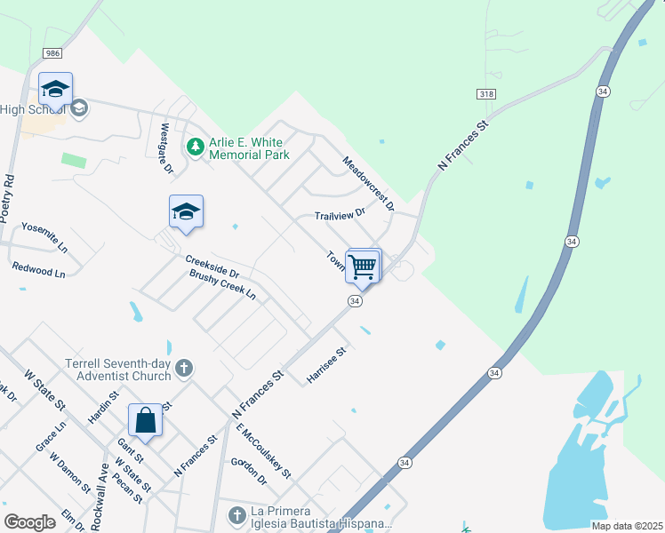map of restaurants, bars, coffee shops, grocery stores, and more near 202 Town North Drive in Terrell