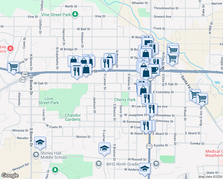map of restaurants, bars, coffee shops, grocery stores, and more near 406 West Columbia Street in Weatherford