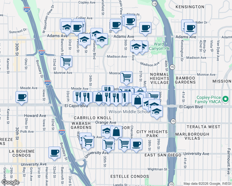 map of restaurants, bars, coffee shops, grocery stores, and more near 4396 Wilson Avenue in San Diego