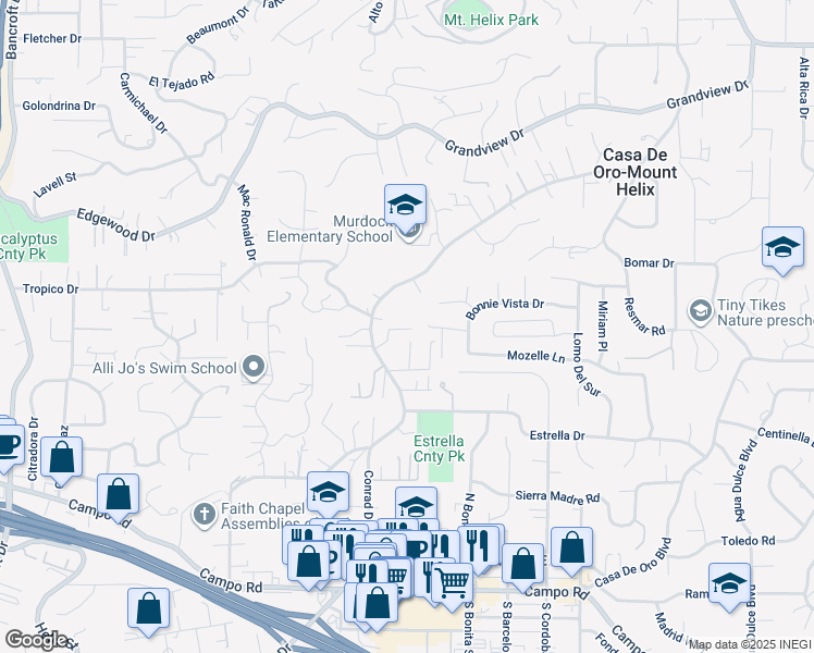 map of restaurants, bars, coffee shops, grocery stores, and more near 9798 Crimson Fire Court in La Mesa