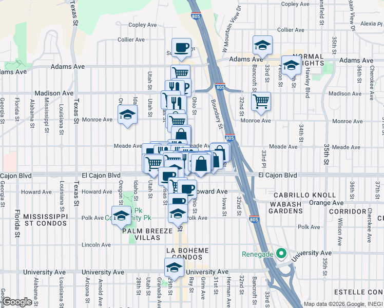 map of restaurants, bars, coffee shops, grocery stores, and more near 4366 Ohio Street in San Diego