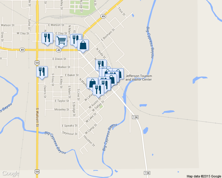 map of restaurants, bars, coffee shops, grocery stores, and more near 107 W Austin St in Jefferson
