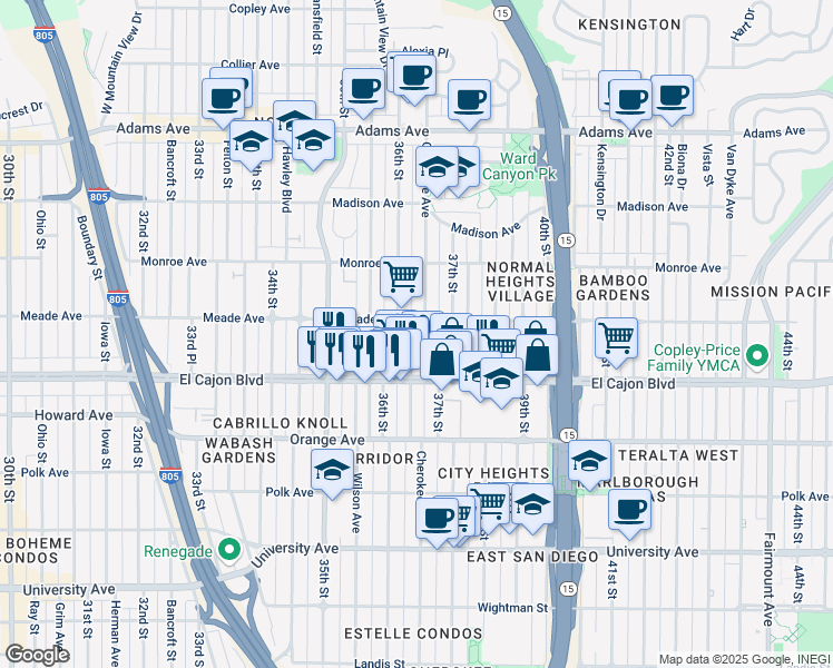 map of restaurants, bars, coffee shops, grocery stores, and more near 3683 Meade Avenue in San Diego