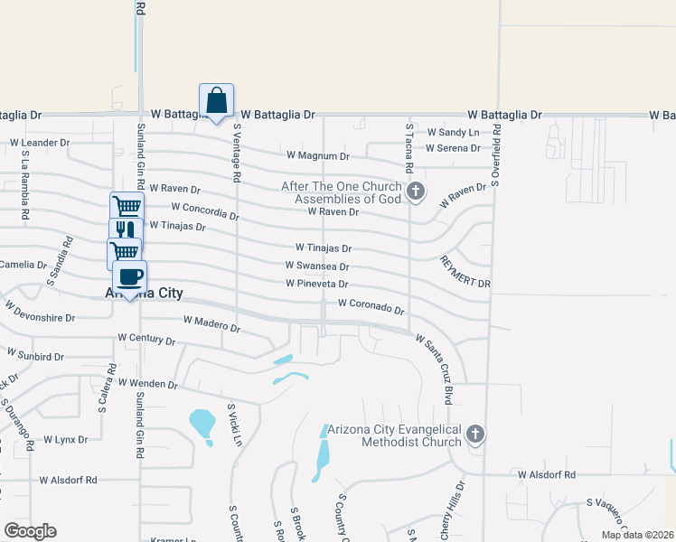 map of restaurants, bars, coffee shops, grocery stores, and more near 8720 West Swansea Drive in Arizona City