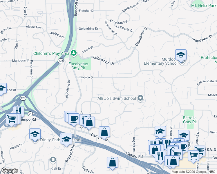 map of restaurants, bars, coffee shops, grocery stores, and more near 9235 Tropico Drive in La Mesa