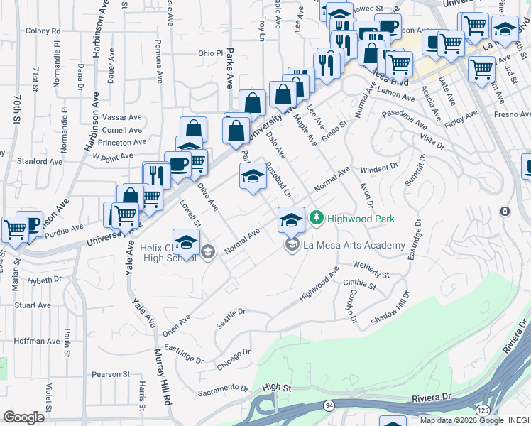 map of restaurants, bars, coffee shops, grocery stores, and more near 4323 Parks Avenue in La Mesa