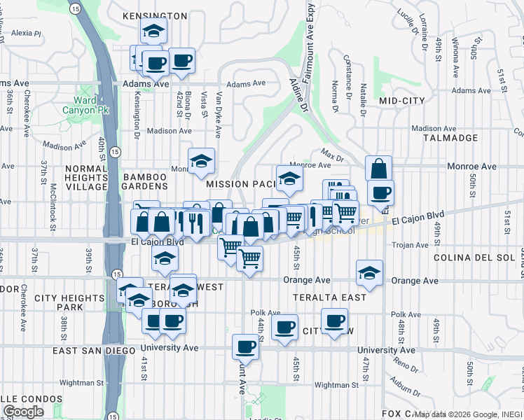 map of restaurants, bars, coffee shops, grocery stores, and more near 4365 Meade Avenue in San Diego