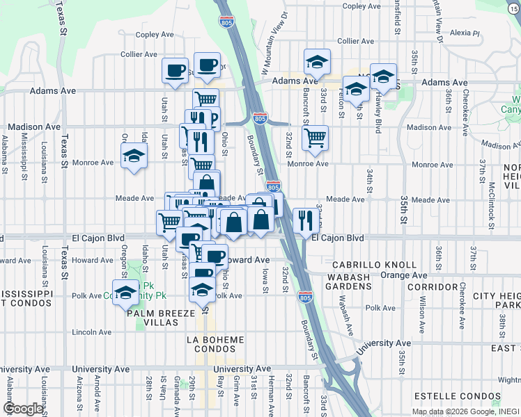 map of restaurants, bars, coffee shops, grocery stores, and more near 4387 Illinois Street in San Diego