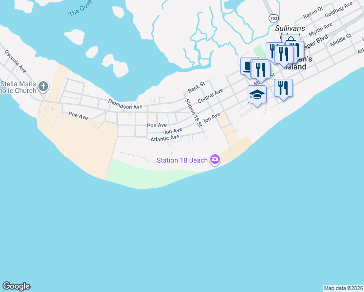 map of restaurants, bars, coffee shops, grocery stores, and more near 1735 Atlantic Avenue in Sullivan's Island
